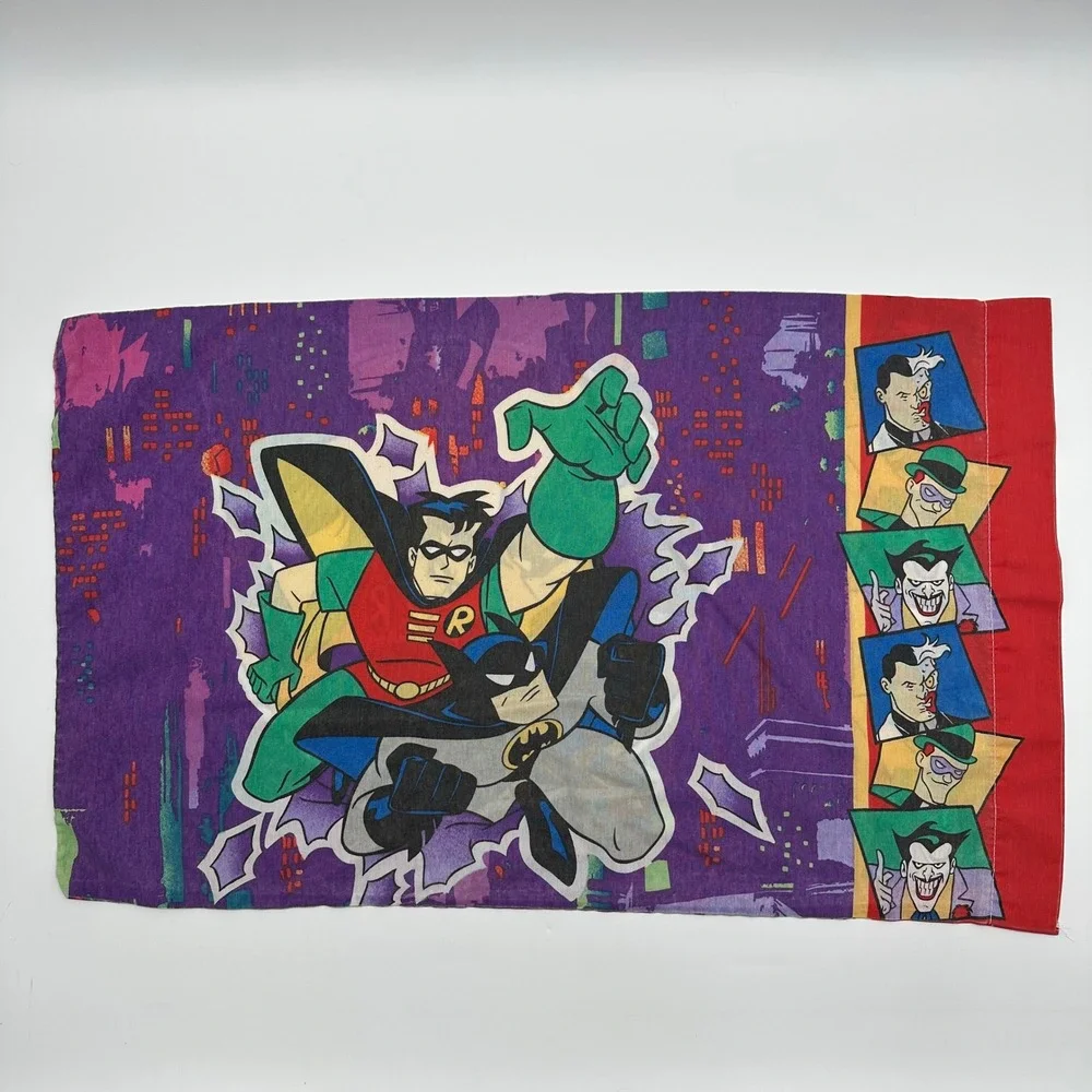 Vintage 1995 Batman and Robin Pillowcase DC Comics Joker Two-Face Riddler Purple